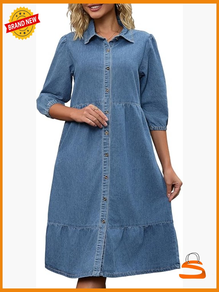 Denim Midi Dress With 3/4 Sleeve Button Down Swing Tiered A-Line